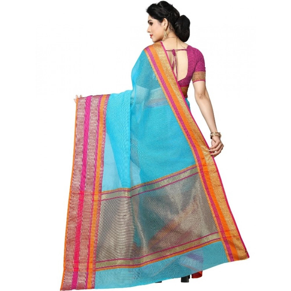 Kota Doria Cotton Border Saree with Blouse — Sky Blue (5-6m)