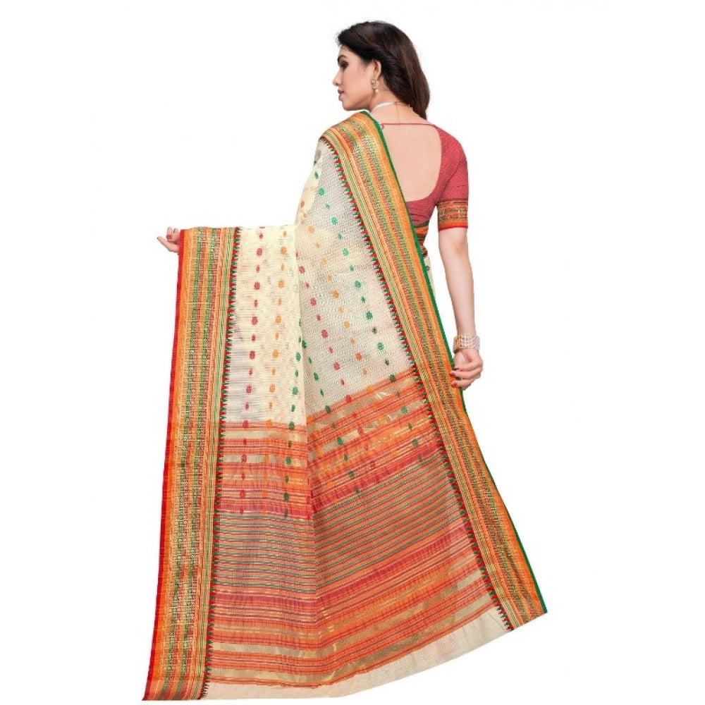 Kota Doria Cotton Woven Butta Saree with Blouse — Cream (5-6m)