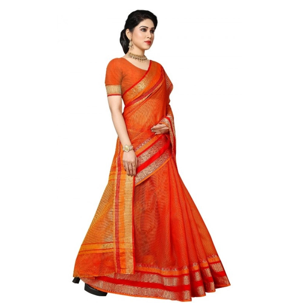 Kota Doria Cotton Border Saree with Blouse — Orange (5-6m)