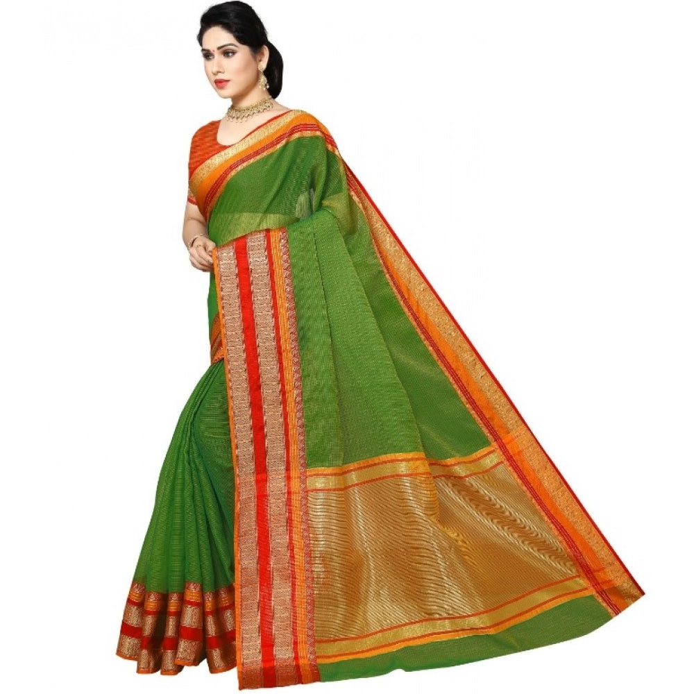 Kota Doria Cotton Border Saree with Blouse — Green (5-6m)