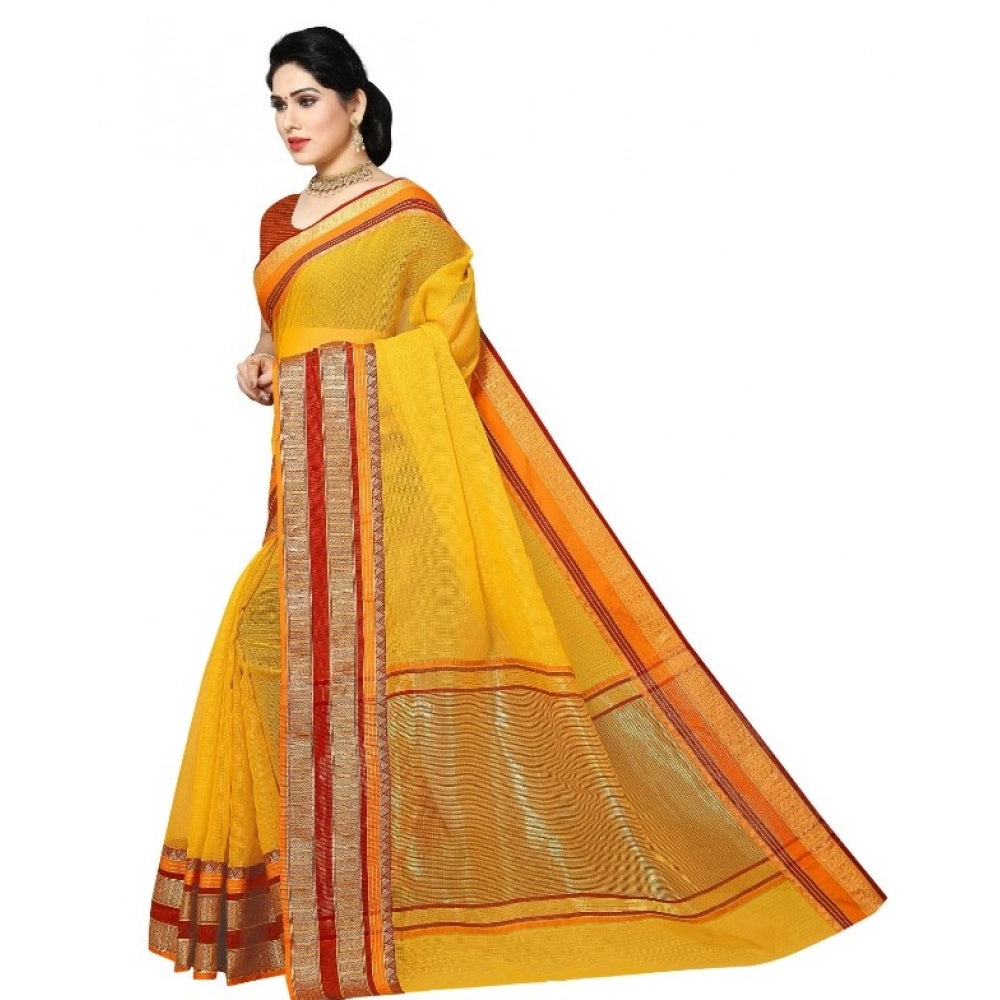 Kota Doria Cotton Border Saree with Blouse — Yellow (5-6m)