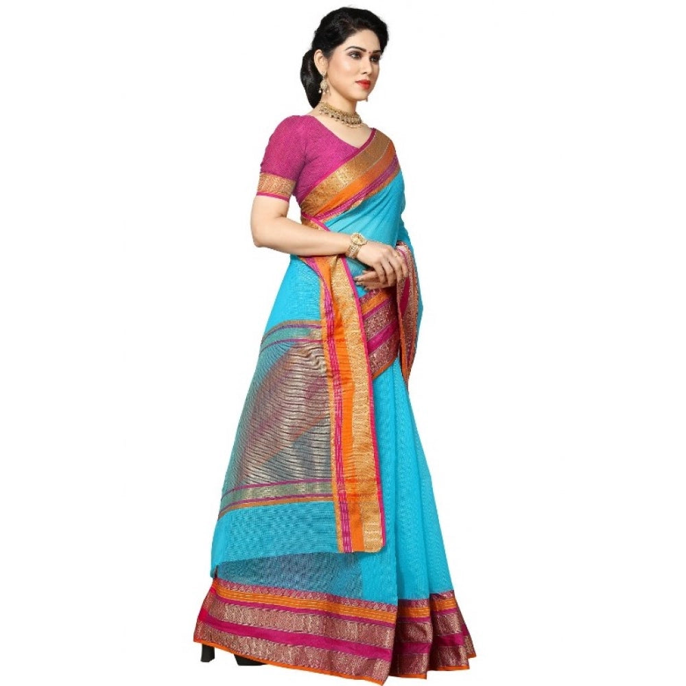 Kota Doria Cotton Border Saree with Blouse — Sky Blue (5-6m)