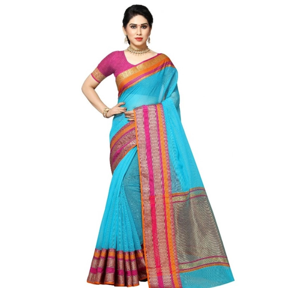 Kota Doria Cotton Border Saree with Blouse — Sky Blue (5-6m)
