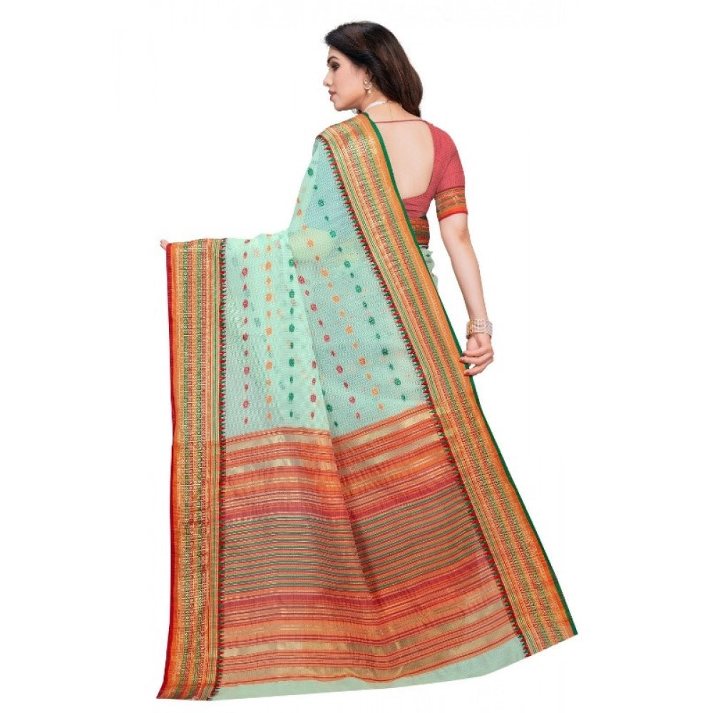 Kota Doria Cotton Woven Butta Saree with Blouse — Pista (5-6m)