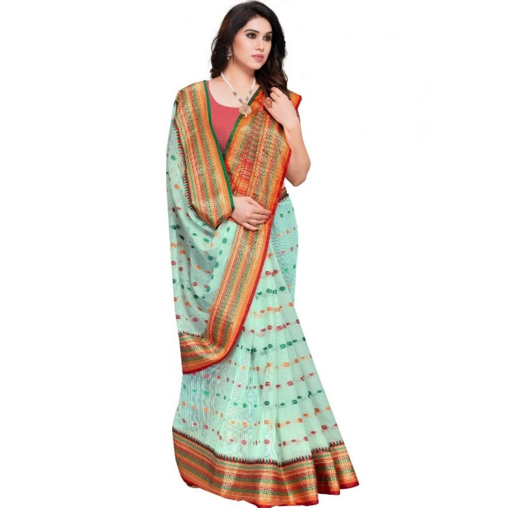 Kota Doria Cotton Woven Butta Saree with Blouse — Pista (5-6m)