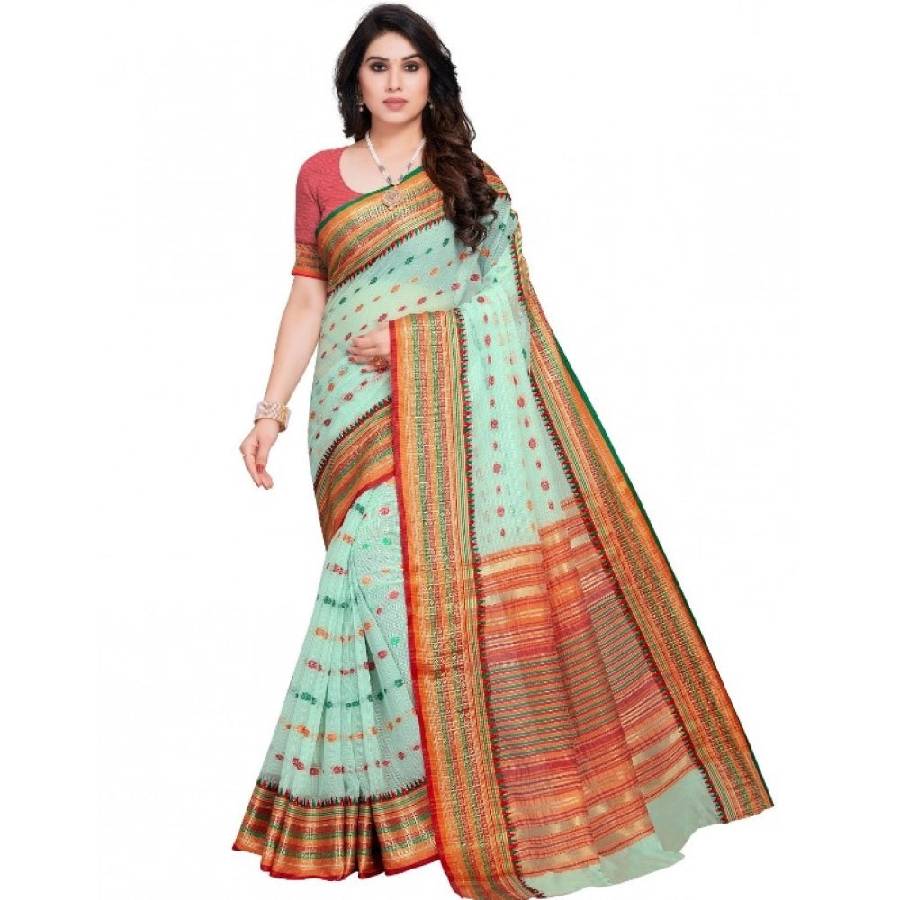 Kota Doria Cotton Woven Butta Saree with Blouse — Pista (5-6m)