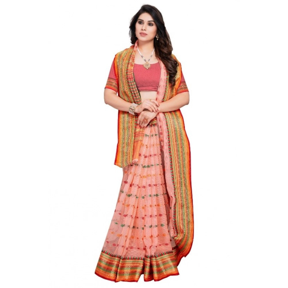 Kota Doria Cotton Woven Butta Saree with Blouse — Peach (5-6m)