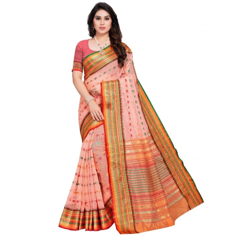 Kota Doria Cotton Woven Butta Saree with Blouse — Peach (5-6m)