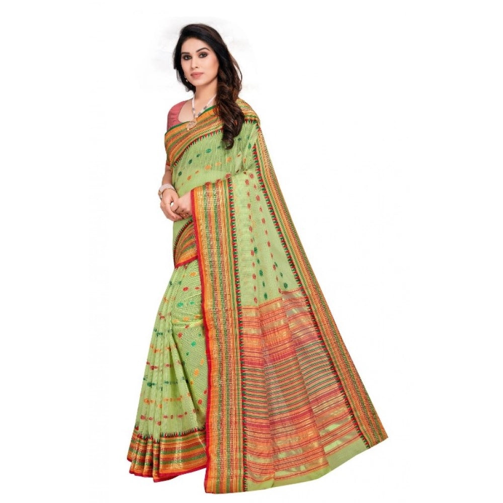 Kota Doria Cotton Woven Butta Saree with Blouse — Light Green (5-6m)