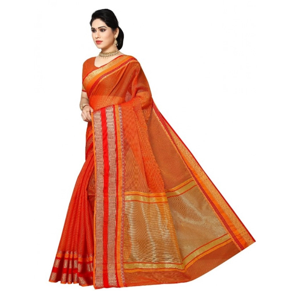 Kota Doria Cotton Border Saree with Blouse — Orange (5-6m)