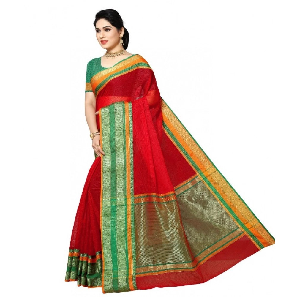 Kota Doria Cotton Border Saree with Blouse — Red (5-6m)