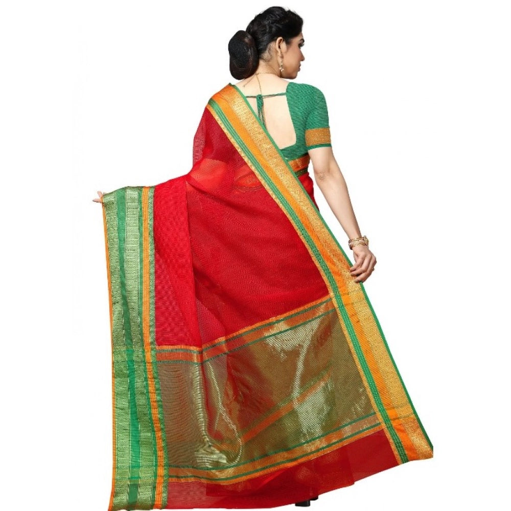 Kota Doria Cotton Border Saree with Blouse — Red (5-6m)
