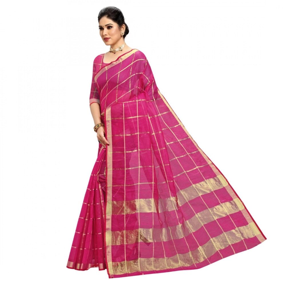 Kota Doria Cotton Checked Saree with Blouse — Rani Pink (5-6m)