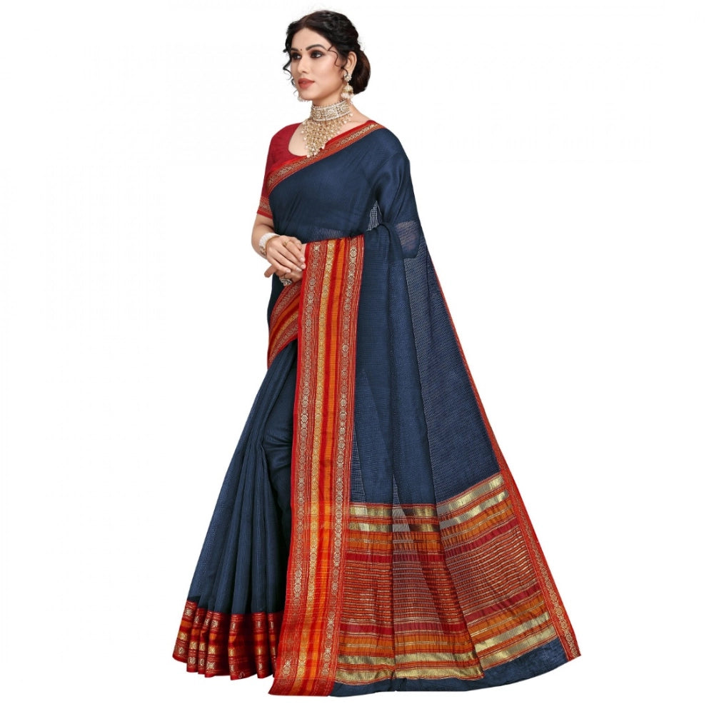 Kota Doria Cotton Bordered Saree with Blouse — Navy Blue (5-6m)