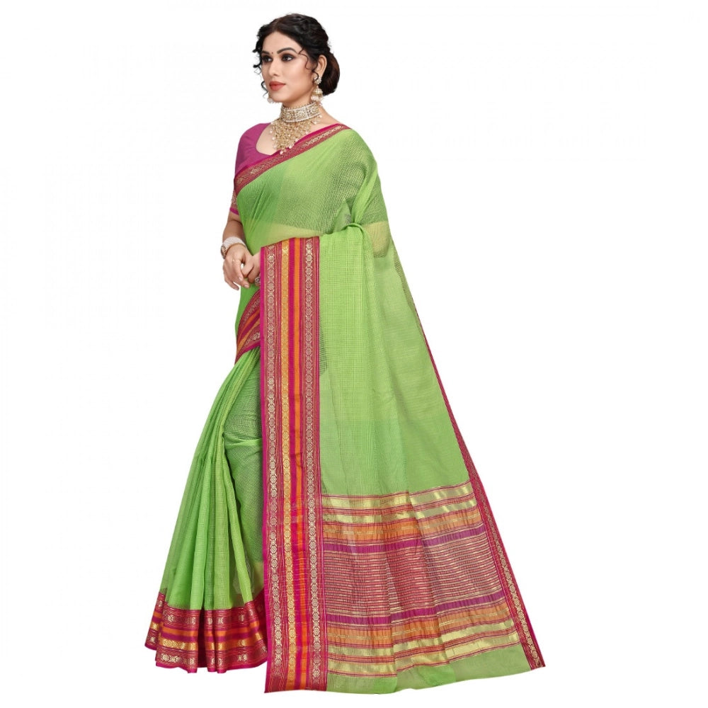 Kota Doria Cotton Bordered Saree with Blouse — Light Green (5-6m)
