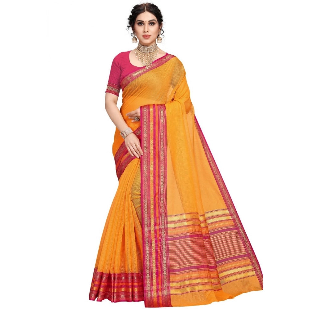 Kota Doria Cotton Bordered Saree with Blouse — Gold (5-6m)