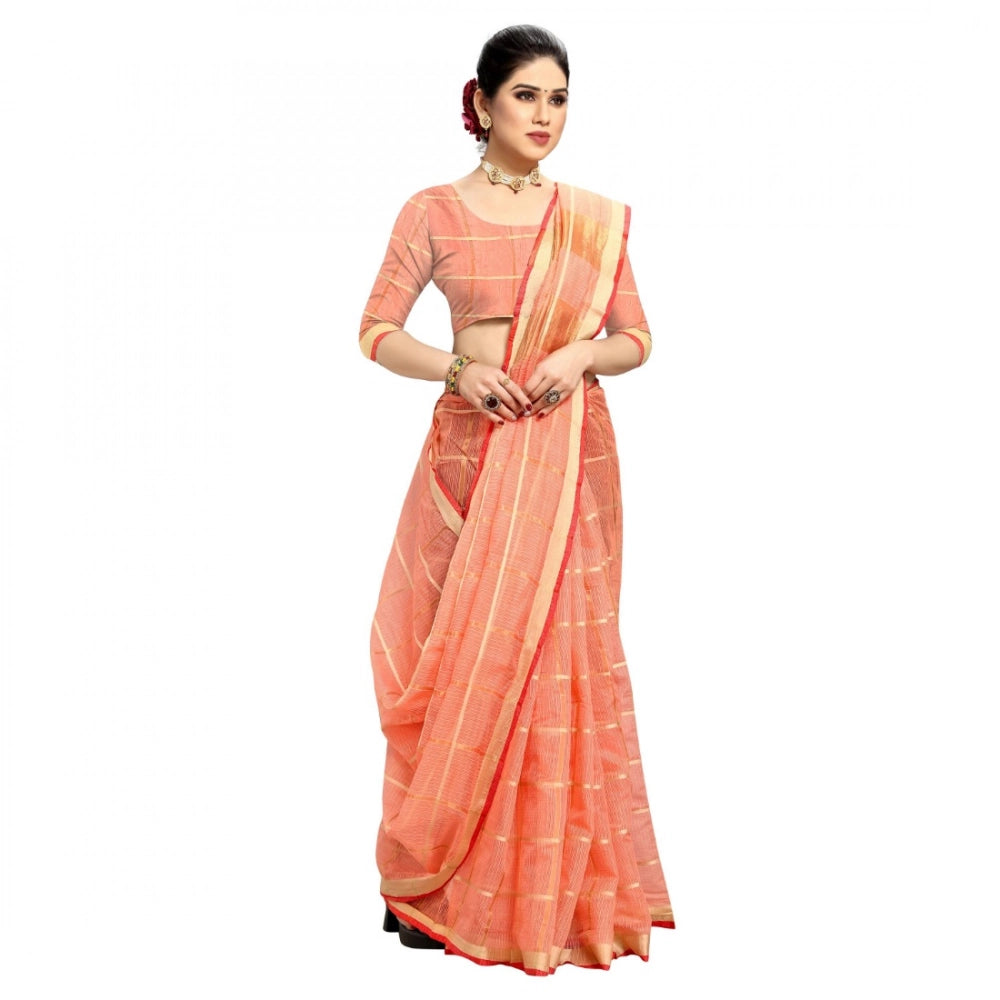 Kota Doria Cotton Checked Saree with Blouse — Peach (5-6m)