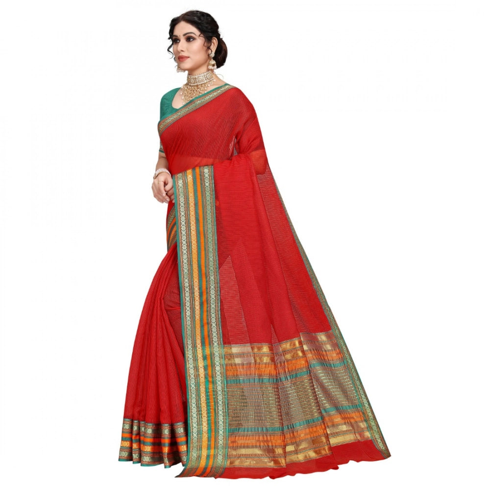 Kota Doria Cotton Bordered Saree with Blouse — Red (5-6m)