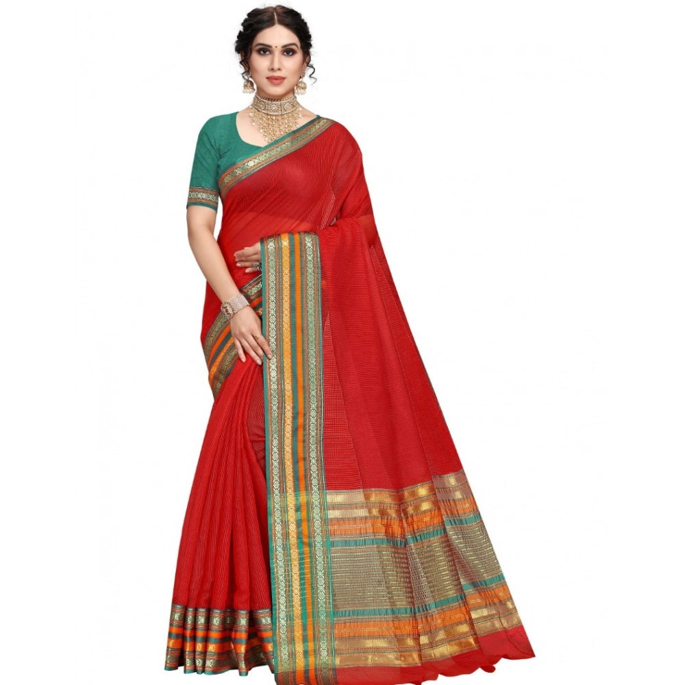 Kota Doria Cotton Bordered Saree with Blouse — Red (5-6m)