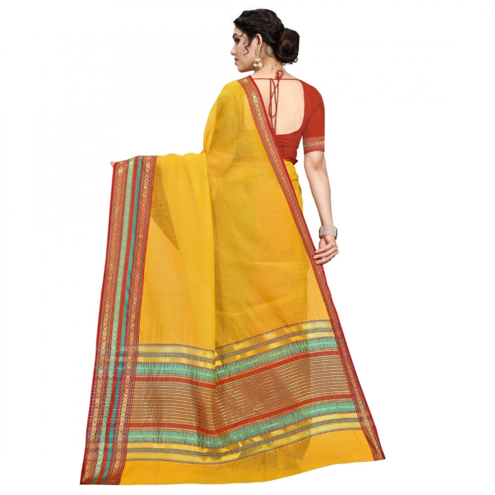 Kota Doria Cotton Bordered Saree with Blouse — Yellow (5-6m)