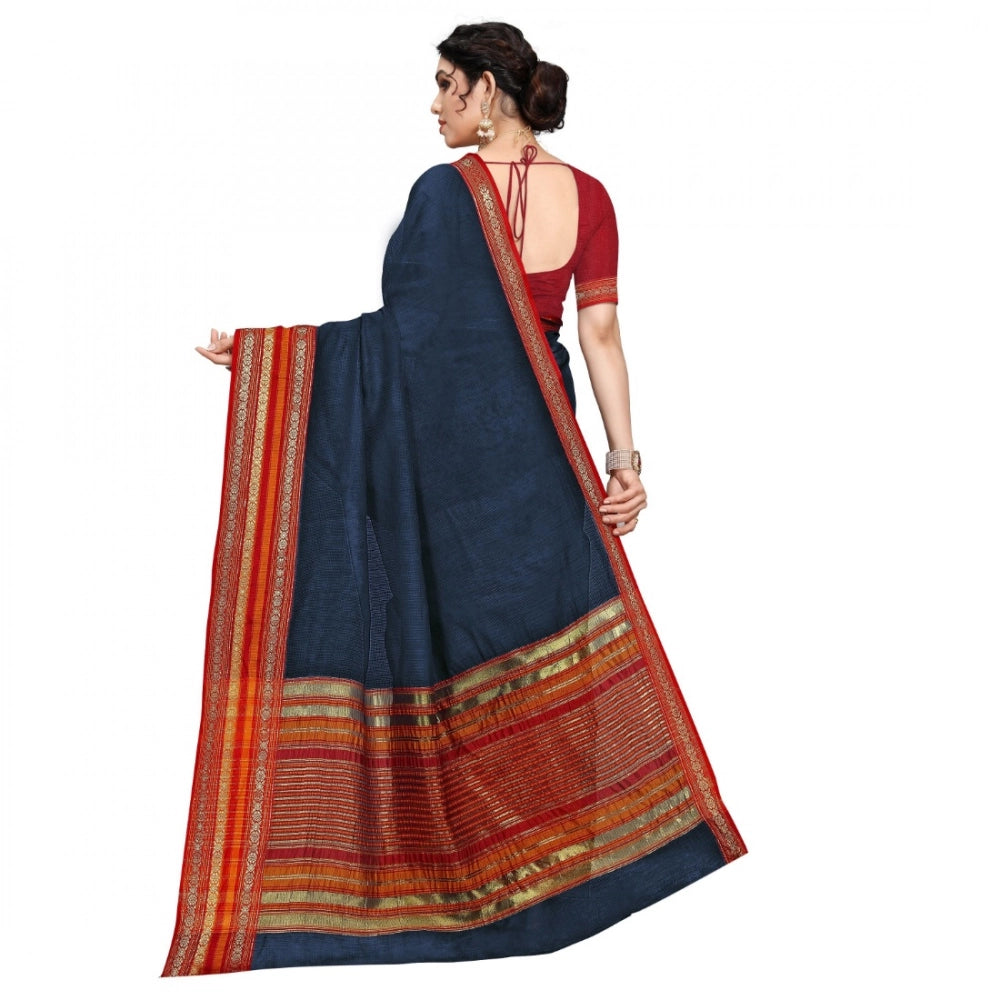 Kota Doria Cotton Bordered Saree with Blouse — Navy Blue (5-6m)