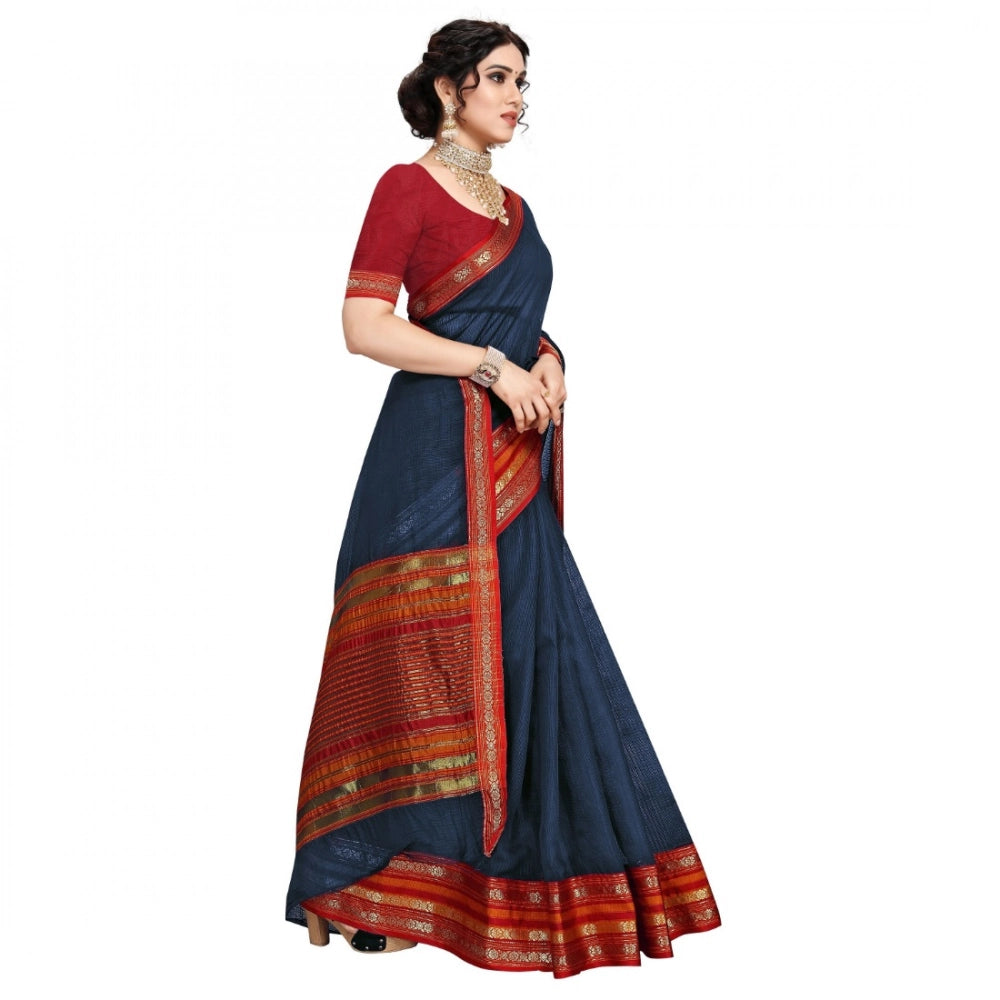 Kota Doria Cotton Bordered Saree with Blouse — Navy Blue (5-6m)