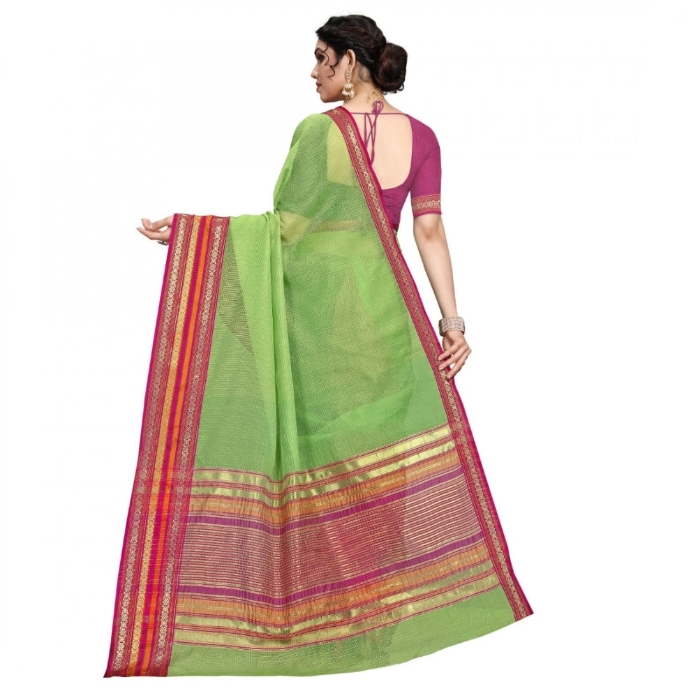 Kota Doria Cotton Bordered Saree with Blouse — Light Green (5-6m)