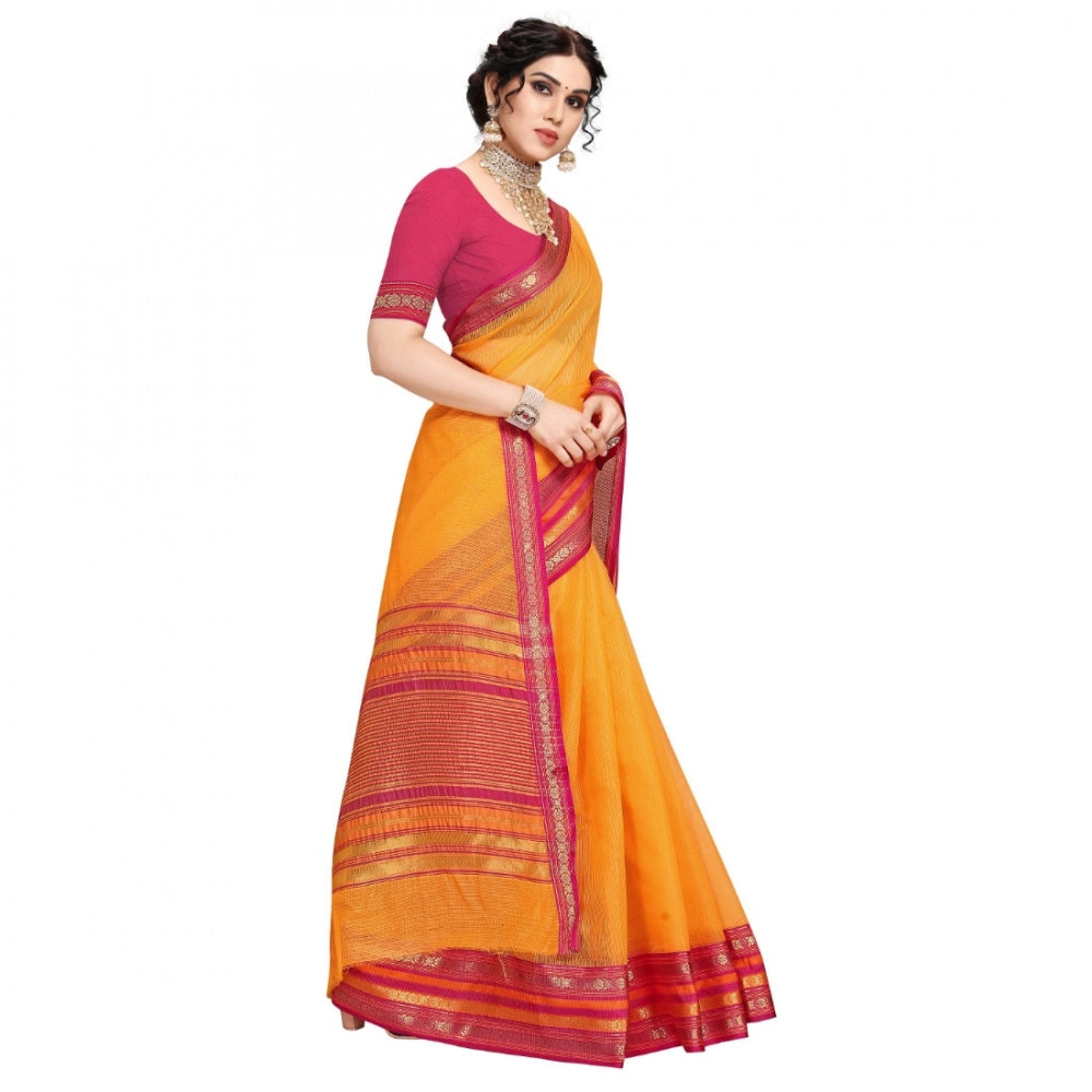 Kota Doria Cotton Bordered Saree with Blouse — Gold (5-6m)