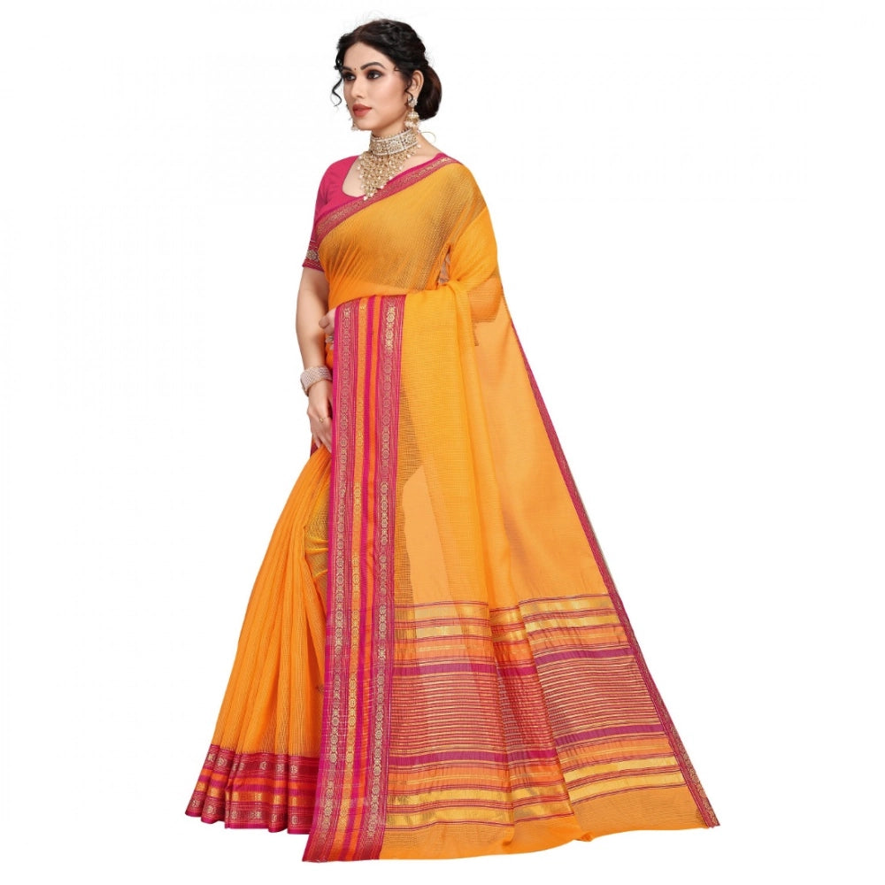 Kota Doria Cotton Bordered Saree with Blouse — Gold (5-6m)