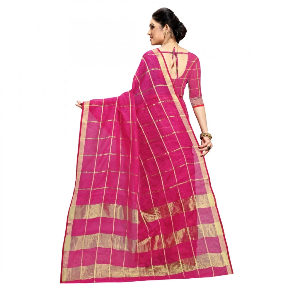 Kota Doria Cotton Checked Saree with Blouse — Rani Pink (5-6m)