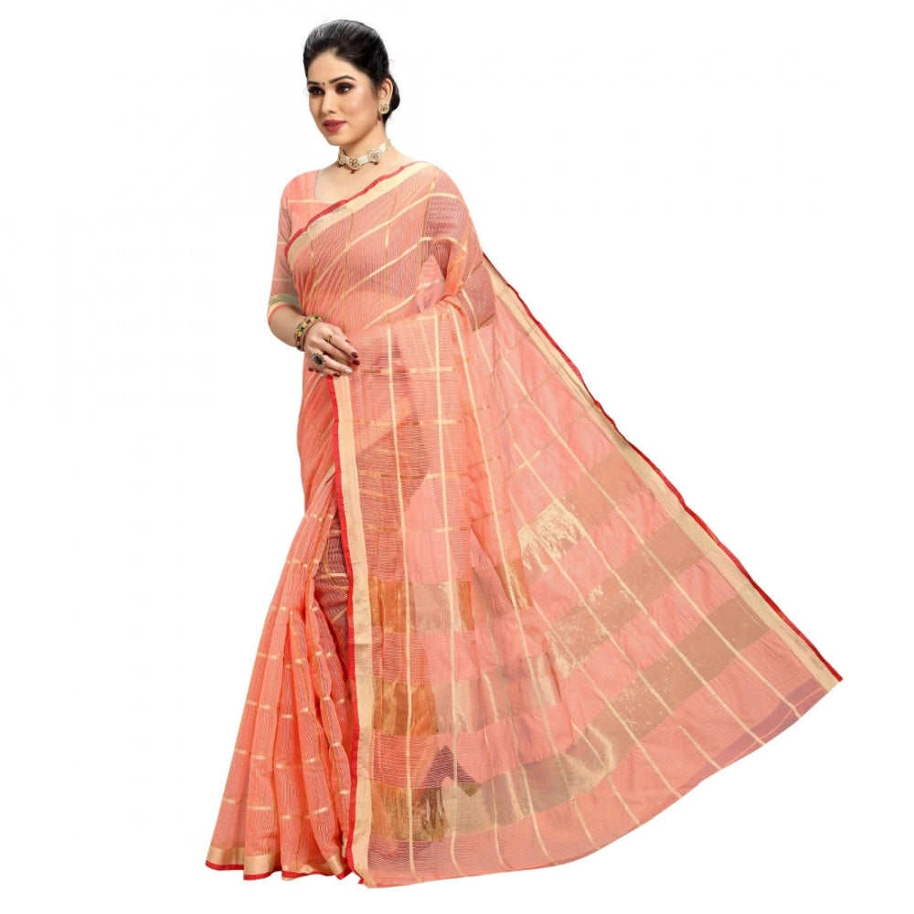Kota Doria Cotton Checked Saree with Blouse — Peach (5-6m)