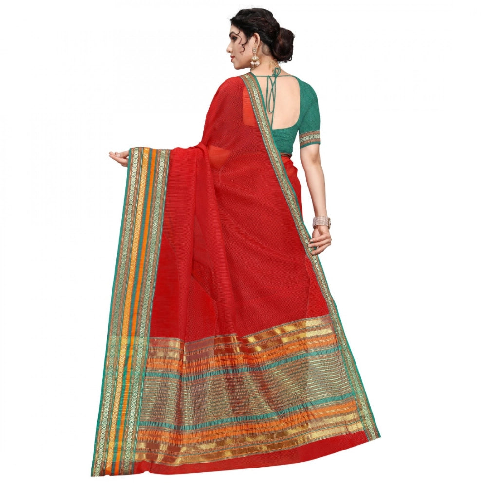 Kota Doria Cotton Bordered Saree with Blouse — Red (5-6m)