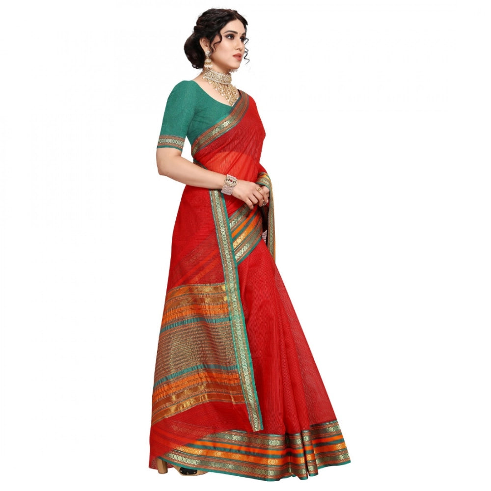 Kota Doria Cotton Bordered Saree with Blouse — Red (5-6m)
