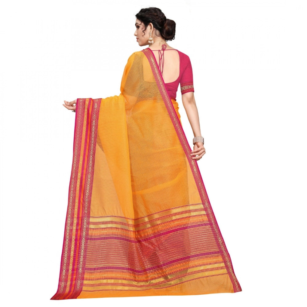 Kota Doria Cotton Bordered Saree with Blouse — Gold (5-6m)