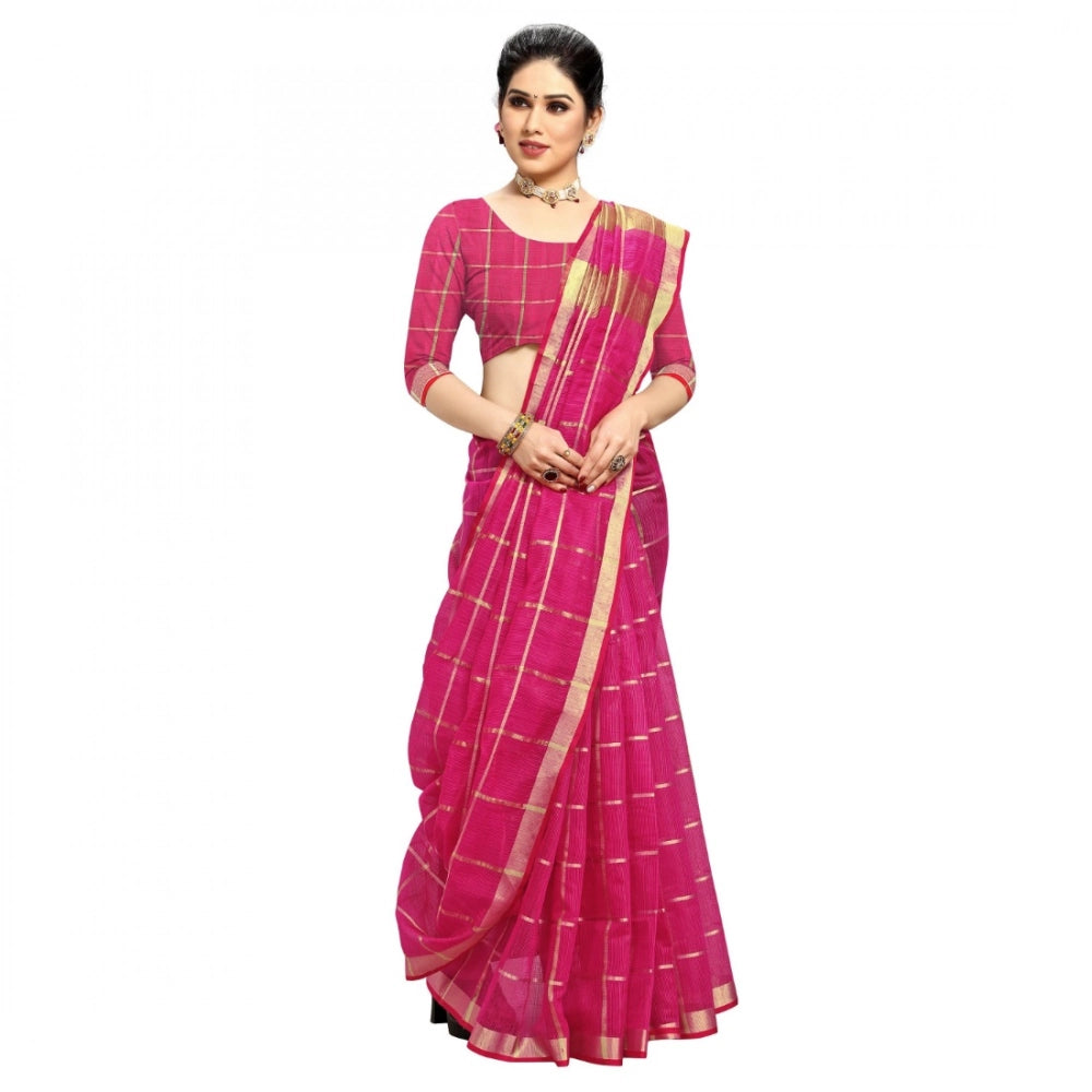 Kota Doria Cotton Checked Saree with Blouse — Rani Pink (5-6m)