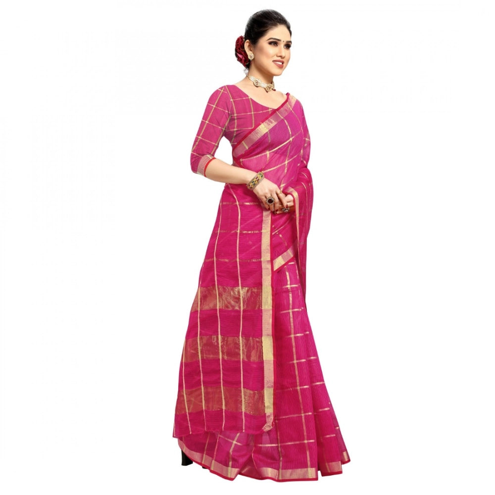 Kota Doria Cotton Checked Saree with Blouse — Rani Pink (5-6m)