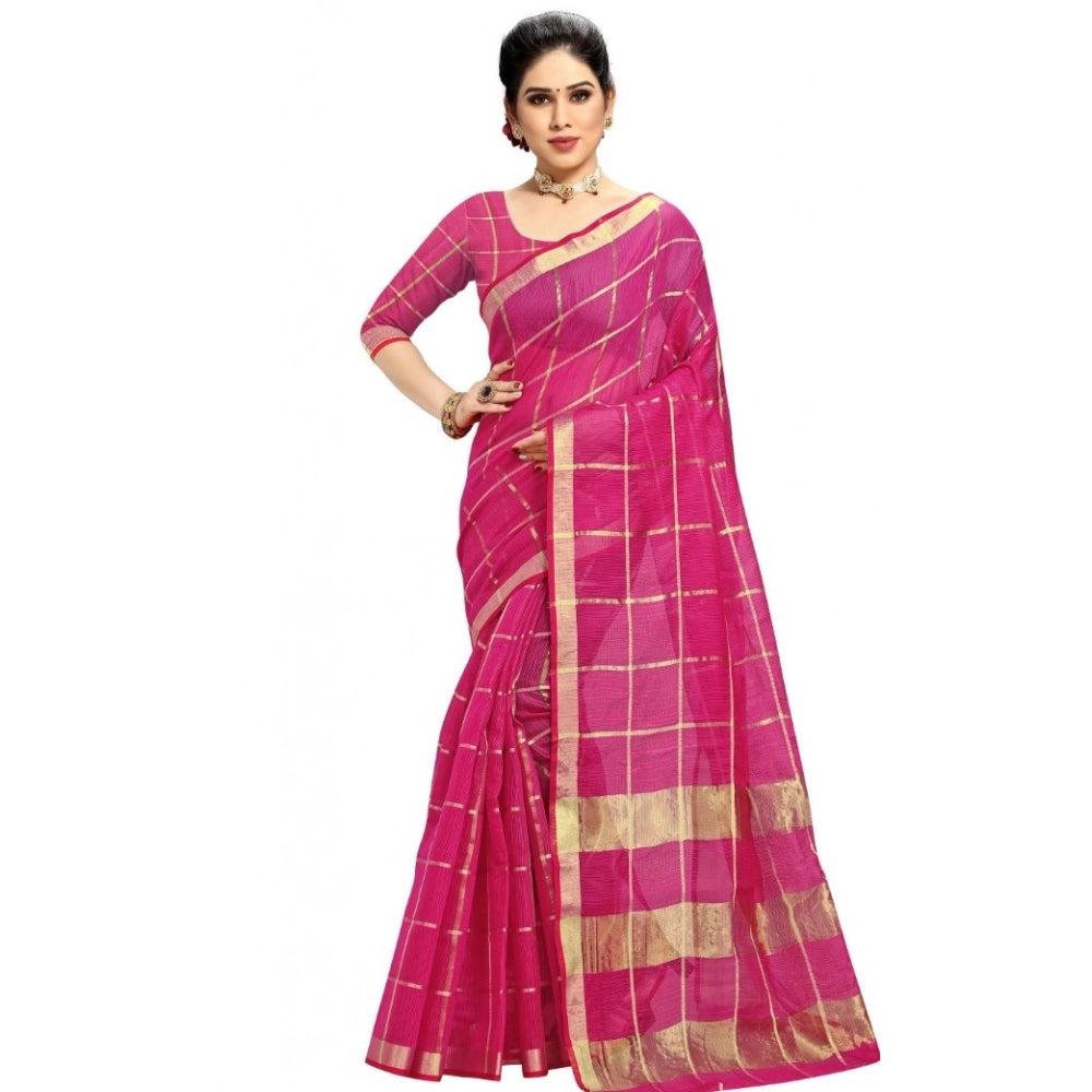 Kota Doria Cotton Checked Saree with Blouse — Rani Pink (5-6m)