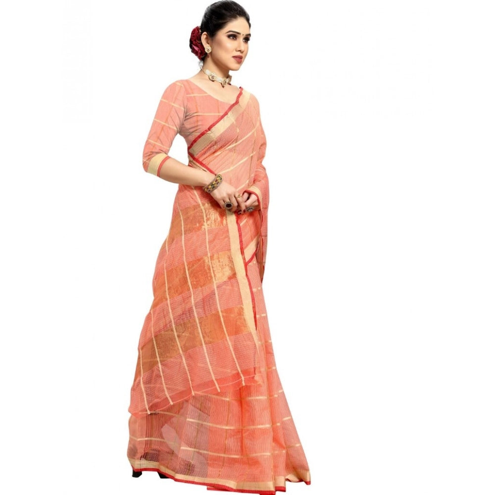 Kota Doria Cotton Checked Saree with Blouse — Peach (5-6m)
