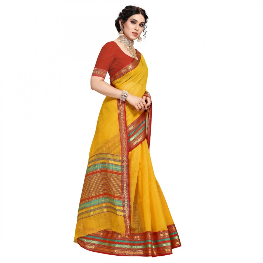 Kota Doria Cotton Bordered Saree with Blouse — Yellow (5-6m)