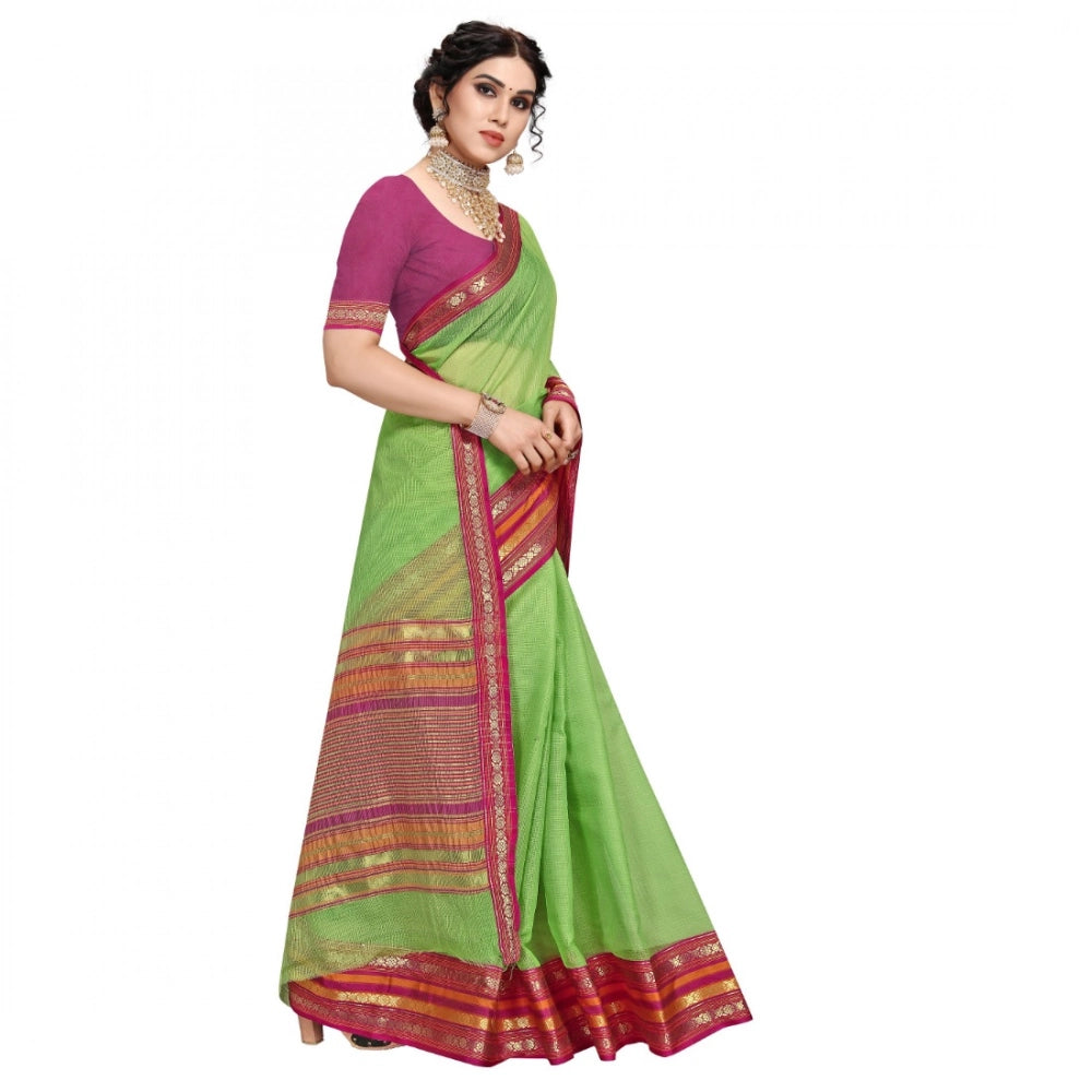 Kota Doria Cotton Bordered Saree with Blouse — Light Green (5-6m)