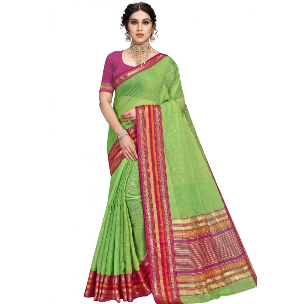 Kota Doria Cotton Bordered Saree with Blouse — Light Green (5-6m)