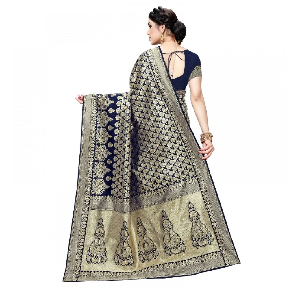Kanjivaram Jacquard Silk Saree with Blouse — Navy Blue (5-6m)