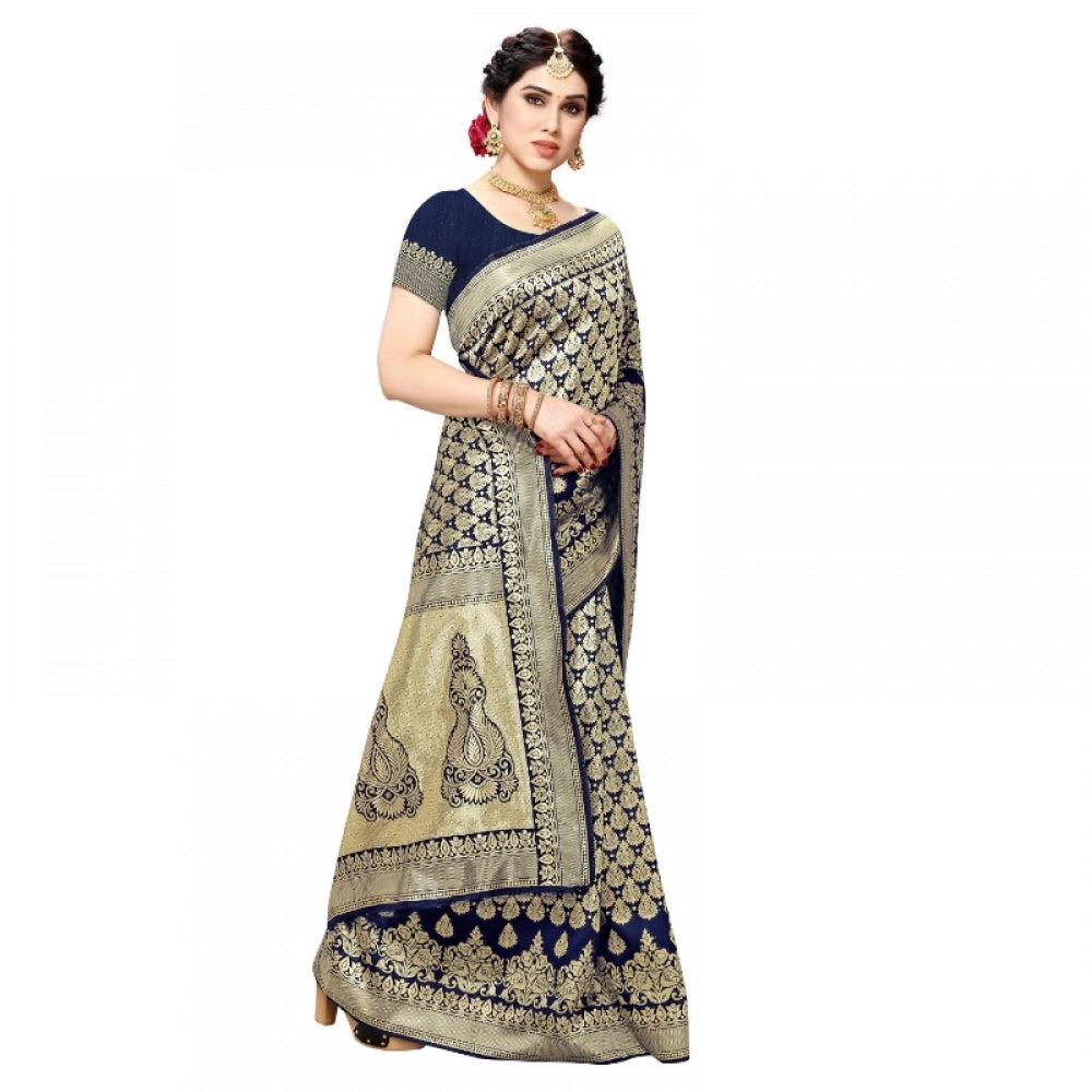 Kanjivaram Jacquard Silk Saree with Blouse — Navy Blue (5-6m)
