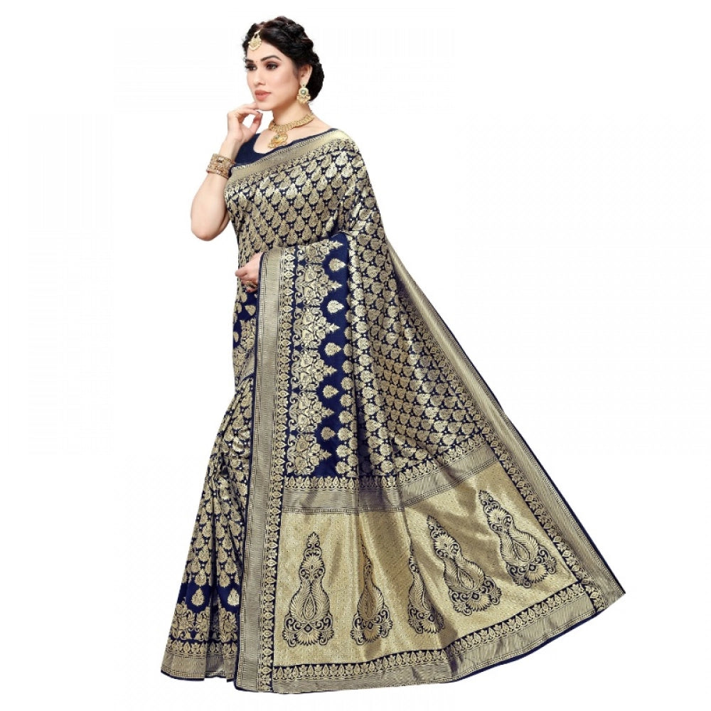 Kanjivaram Jacquard Silk Saree with Blouse — Navy Blue (5-6m)