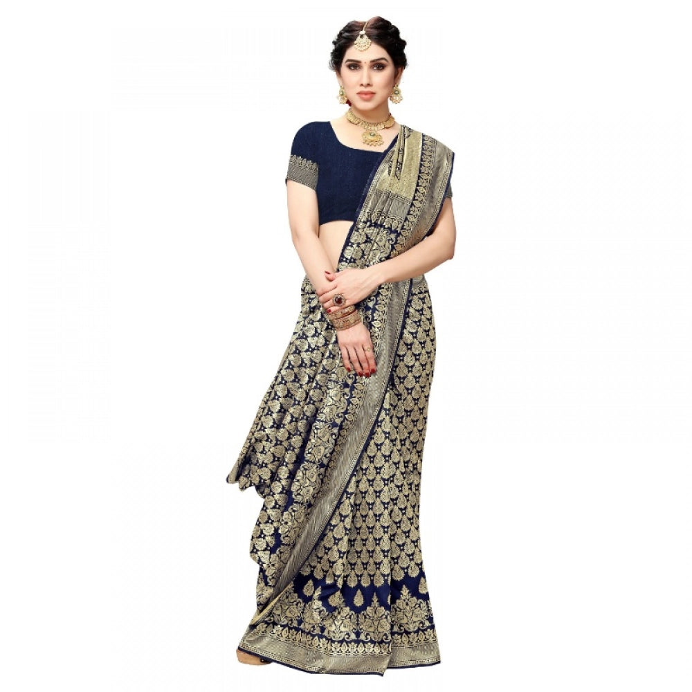 Kanjivaram Jacquard Silk Saree with Blouse — Navy Blue (5-6m)