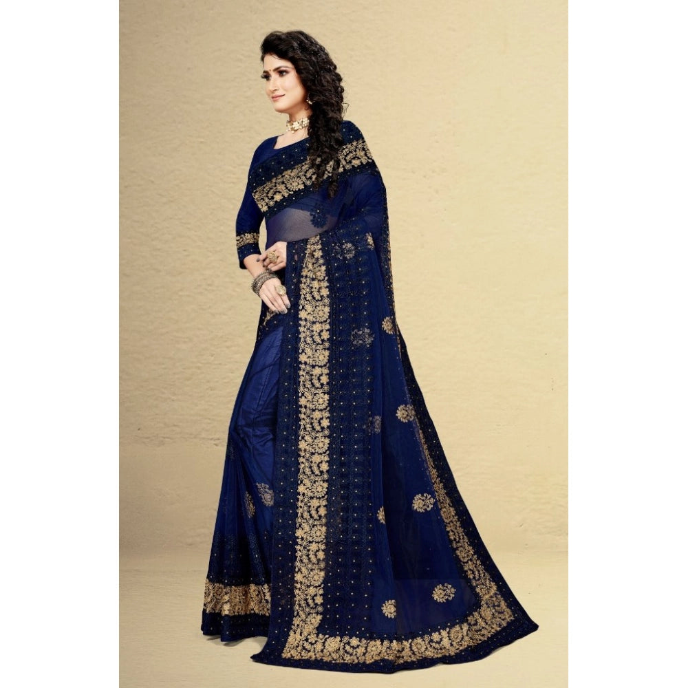 Net Saree with Blouse — Navy Blue (5-6m)