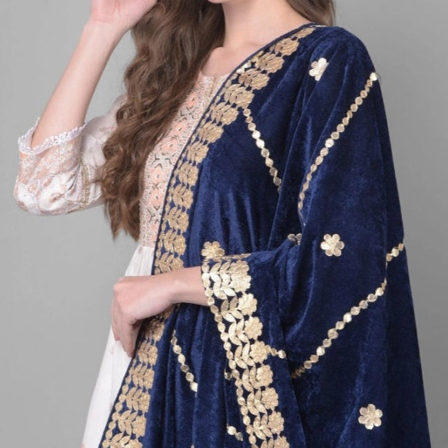 Generic Women's Velvet Gotta Patti Dupatta (Navy, Length: 2.25 to 2.50 Mtr)