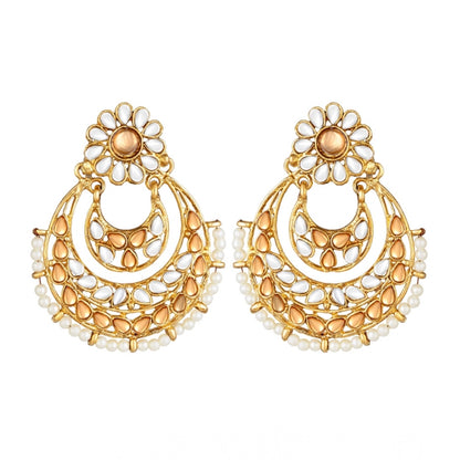 Generic Women's Rose Gold Plated Alloy Kundan Earrings &amp; Mangtikka (White &amp; Gold)
