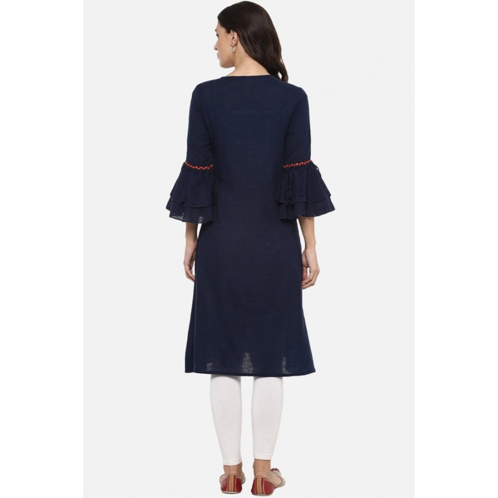 Generic Women's Casual Bell Sleeves Solid Cotton Slub Kurti (Blue)