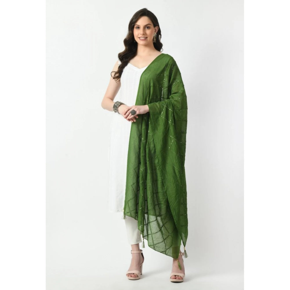 Generic Women's Chanderi Self Design Dupatta (Mehandi, Length: Free Size)
